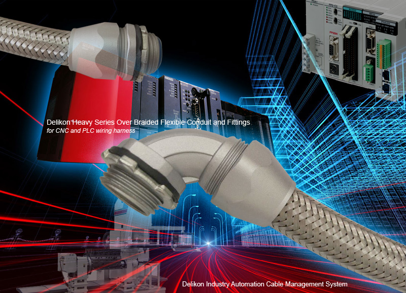 Delikon Heavy Series Over Braided Flexible Conduit, Conduit Fittings for CNC and PLC wiring harness, Industry automation cable management system. Most industrial equipment, for indoor or outdoor use, contains extensive electrical wiring between its components and subsystems. Delikon Heavy Series Over Braided Flexible Conduit and Fittings are designed to protect PLC, CNC Controls cables, Servo and Spindle Motors cables, MPG Cables, Drive Command Cables and cables in industry automation. Delikon Heavy Series Connectors simplify design, assembly and maintenance for CNC machining center and other modular machinery. 