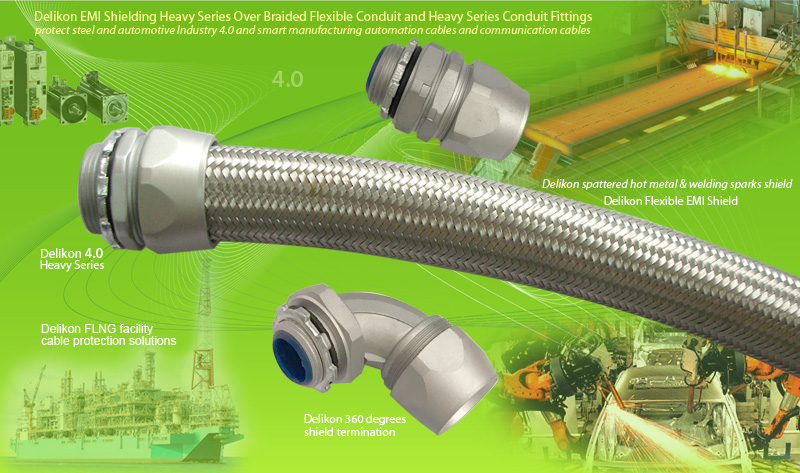 Delikon EMI Shielding Heavy Series Over Braided Flexible Conduit and Heavy Series Conduit Fittings for floating liquefied natural gas FLNG facility wirings. The FLNG technology is considered an important milestone for the LNG industry. The technology helps in reducing costs of developing LNG projects. Delikon delivers a comprehensive line of EMI Shielding Heavy Series Over Braided Flexible Conduit and Heavy Series Conduit Fittings for protection of electrical and data cables of integrated control safety system ICSS for the monitoring and control of the liquefaction facilities and storage tanks on FLNG facility. Delikon EMI Shielding Heavy Series Over Braided Flexible Conduit and Heavy Series Conduit Fittings will also protect the cables of transformers, variable speed drives, low voltage switchgear, generators, switchboards, motor control centers and power management system for the FLNG facility.